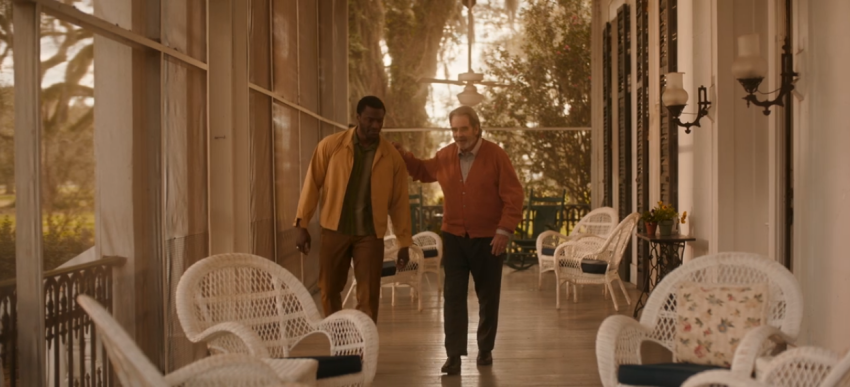 Jim Brown (L) played by actor Aldis Hodge and Mr. Carlton played by actor Beau Bridges in a scene from Amazon's 