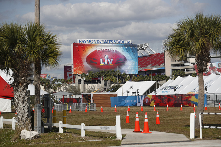 A view of Raymond James Stadium where Super Bowl LV will be held during the COVID-19 pandemic on January 30, 2021, in Tampa, Florida. The Tampa Bay Buccaneers will play the Kansas City Chiefs in Raymond James Stadium for Super Bowl LV on February 7.