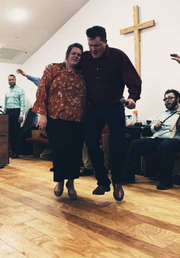 Andrew Hamblin and his wife Taylor at a recent church service in Gray, Ky.