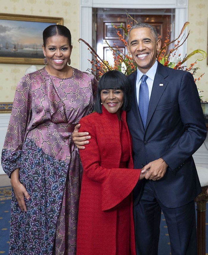 Former President Barack Obama and irst lady Michelle Obama greet Presidential Medal of Freedom recipient, actor Cicely Tyson, at the White House on Nov. 22, 2016. 