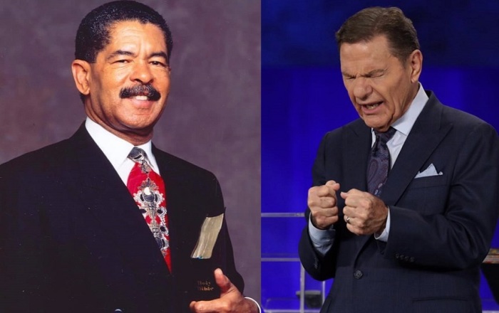 Megachurch pastors Frederick K.C. Price (L) in a 1997 photo and Kenneth Copeland (R).