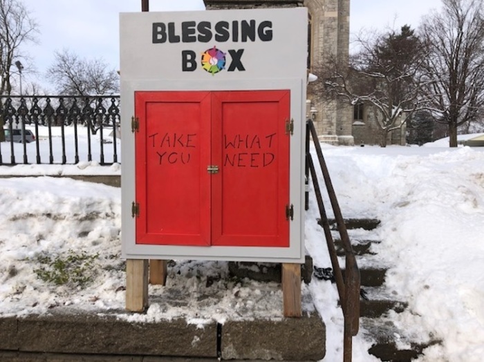 A 'Blessing Box' installed on the property of St. James Episcopal Church of Batavia, New York. The box began offering services to the less fortunate in February 2021. 