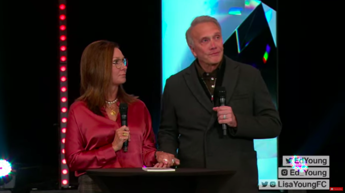 Ed and Lisa Young speak at Fellowship Church in Grapevine, Texas, on February 14, 2021.