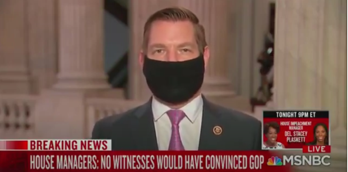Rep. Eric Swalwell, D-Calif., appears on MSNBC shortly after the Senate voted to acquit former President Donald Trump a second time. 