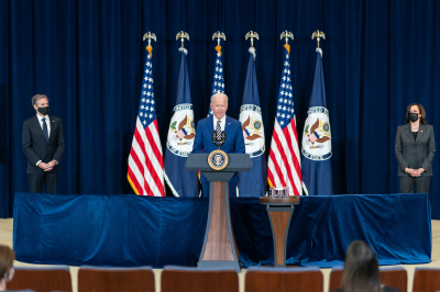 President Joe Biden, joined by Vice President Kamala Harris and Secretary of State Antony Blinken, delivers remarks Thursday, Feb. 4, 2021, at the U.S. State Department in Washington, D.C. 