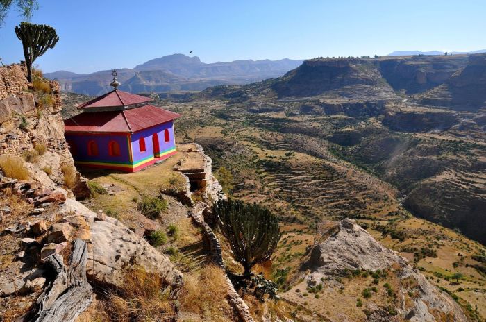 The Abuna Aregawi house in the Debre Damo Monastery overlooks a cliff in Tigray, Ethiopia. https://commons.wikimedia.org/wiki/File:Abuna_Aregawis_place_at_Debre_Damo.JPG