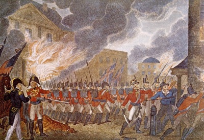 An illustration from the 1816 book, 'The History of England, from the Earliest Periods, Volume 1' by Paul M. Rapin de Thoyras, depicting the burning of Washington, D.C., by British soldiers during the War of 1812. 