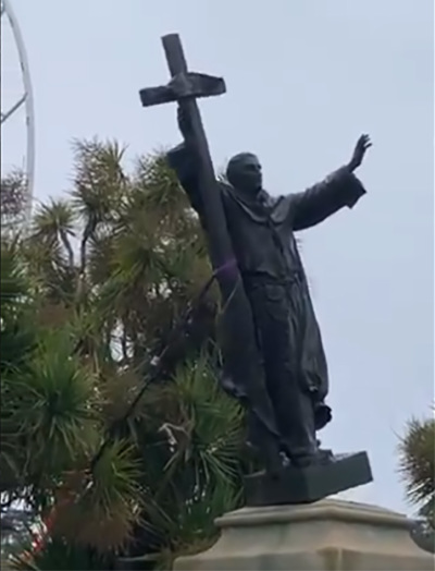 A statue of missionary and Catholic saint, Father Junipero Serra, being toppled in San Francisco’s Golden Gate Park on June 19, 2020. A separate statue of Serra was defaced and toppled by vandals at Mission San Rafael Arcangel in San Rafael, California, on Oct. 12, 2020. 