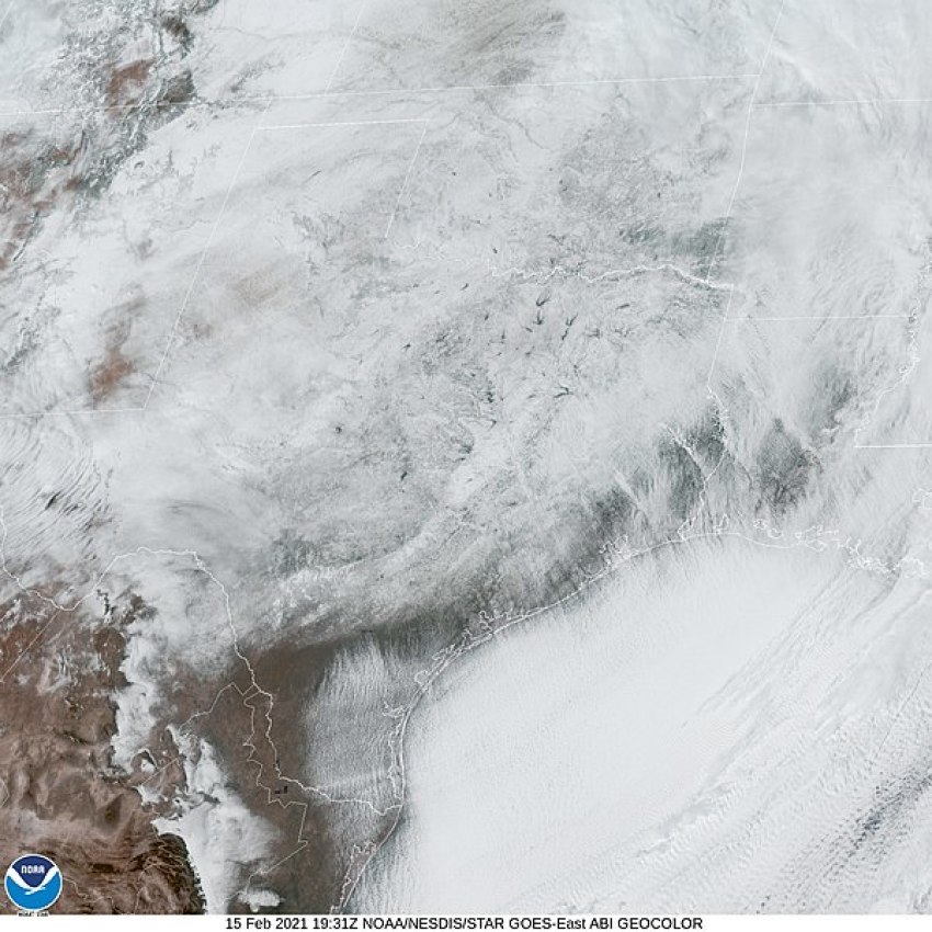 Geocolor satellite imagery of Texas covered in snow in the aftermath of a historic winter storm on Feb. 15, 2021.