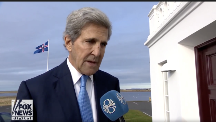 John Kerry speaks to media about his use of a private jet to receive an environmentalist award in Iceland in 2019. 