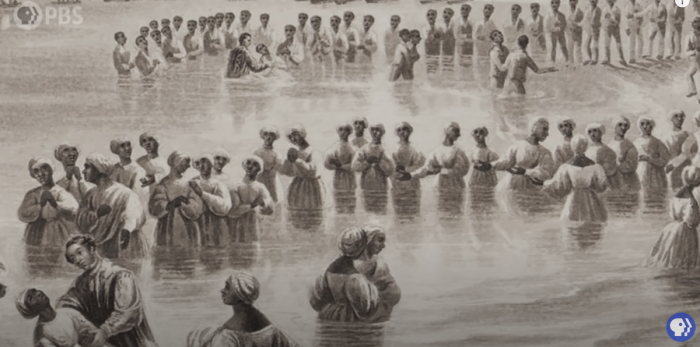 Africans being baptized while enslaved from the 2021 documentary 'The Black Church' with Henry Louis Gates Jr. 