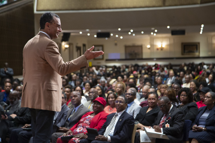 Pastor A.R. Bernard speaks at a Sunday service at Christian Cultural Center in Brooklyn, New York. 