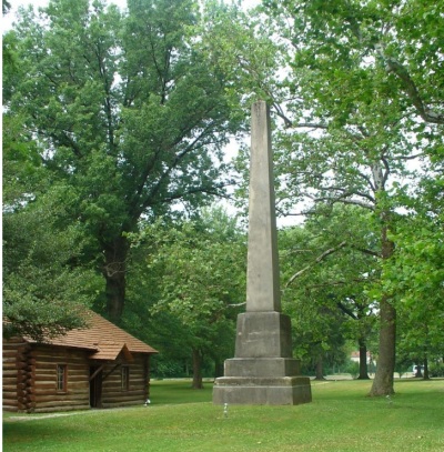 A monument stands at the Gnadenhutten Massacre site, located in the cemetery at Gnadenhutten, Ohio. 