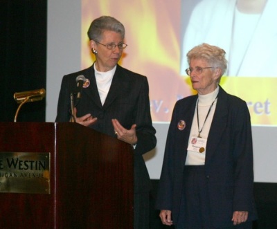 The Rev. Eunice Poethig (left) with the Rev. Margaret Ellen Towner (right), at the “Tending the Flame” conference in 2005. Towner was the first woman to be ordained in the Presbyterian Church in the U.S.A., later called Presbyterian Church (USA).