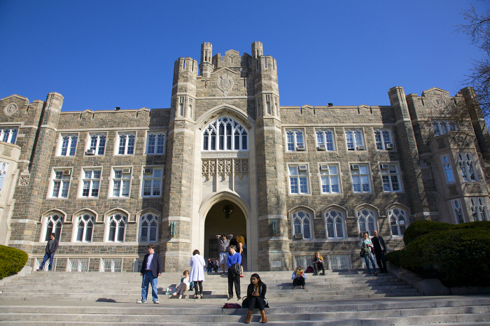 Keating Hall, Rose Hill Campus, Fordham University, The Bronx, New York, USA. A private, nonprofit, coeducational research university in the Jesuit tradition. Gothic-style stone architecture.