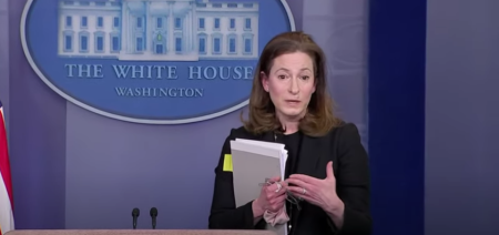 Jennifer Klein, executive director of the White House Gender Policy Council, takes a question from a reporter during a press briefing, Mar. 8, 2021.