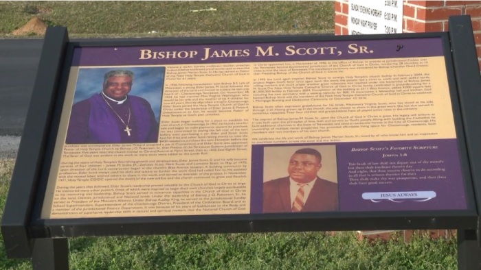 A memorial for Bishop James Scott rests outside New Holy Temple Cathedral Church of God in Christ in Chattanooga, Tennessee following the pastor's death from COVID-19 complications in January 2021. 