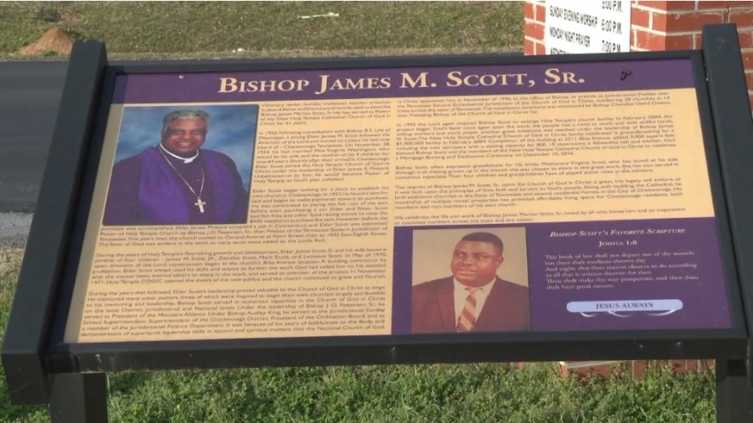 A memorial for Bishop James Scott rests outside New Holy Temple Cathedral Church of God in Christ in Chattanooga, Tennessee following the pastor's death from COVID-19 complications in January 2021.