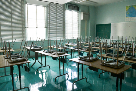 An empty classroom is seen at Hollywood High School on August 13, 2020, in Hollywood, California.