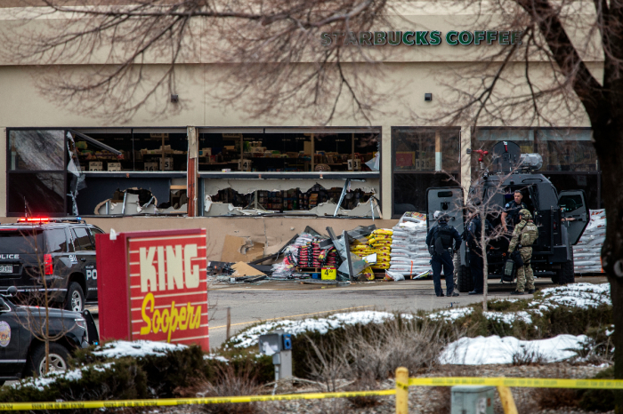 Tactical police units respond to the scene of a King Soopers grocery store after a shooting on March 22, 2021, in Boulder, Colorado. 