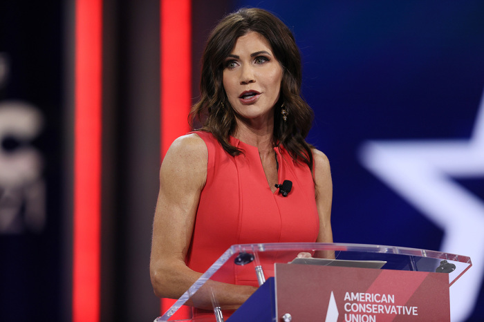 South Dakota Gov. Kristi Noem addresses the Conservative Political Action Conference held in the Hyatt Regency on February 27, 2021, in Orlando, Florida. Begun in 1974, CPAC brings together conservative organizations, activists, and world leaders to discuss issues important to them. 