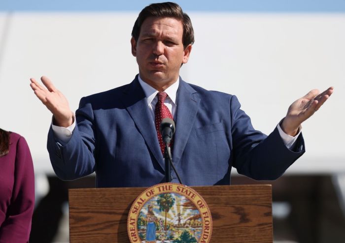 Florida Governor Ron DeSantis speaks during a press conference about the opening of a COVID-19 vaccination site at the Hard Rock Stadium on January 06, 2021, in Miami Gardens, Florida. 