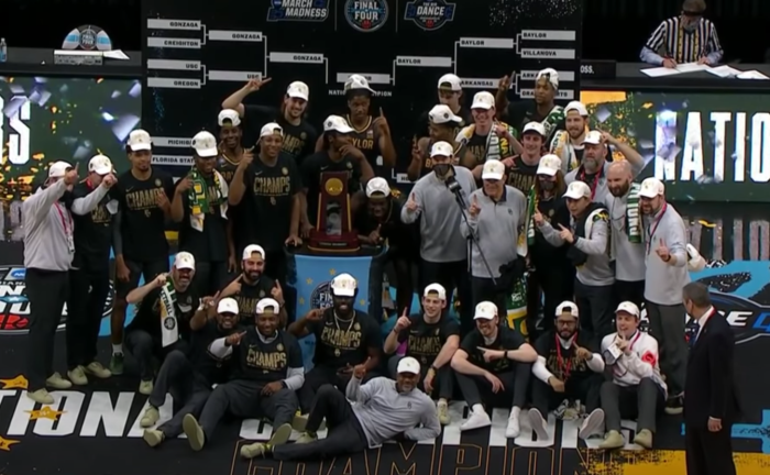 The Baylor University men's basketball team celebrates winning the NCAA National Championship on April 5, 2021 in Indiana, Indianapolis. 