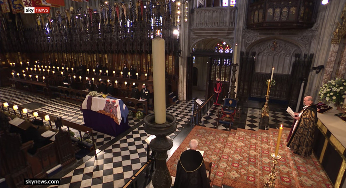 Dean of Windsor David Conner says the bidding prayer during the ceremonial funeral of Prince Philip in the quire of St. George’s Chapel, Windsor Castle on April 17, 2021. 