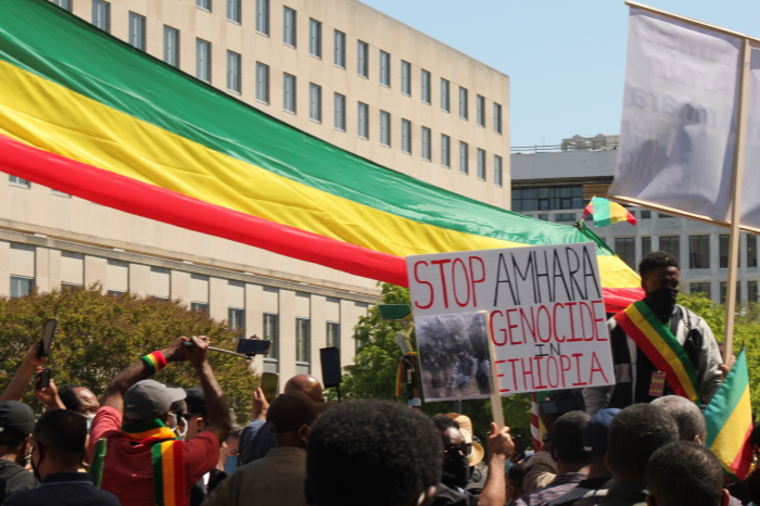 Protesters gather outside the U.S. State Department to demand a stronger response for acts of genocide committed in Ethiopia, April 20, 2021.