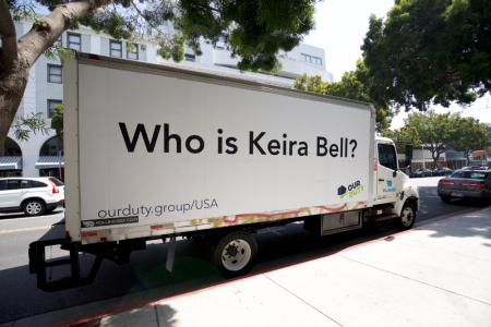 A mobile billboard ad with the message "Who Is Keira Bell?" seen in Los Angeles, California, in April 2021.