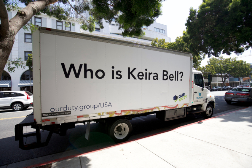 A mobile billboard ad with the message "Who Is Keira Bell?" seen in Los Angeles, California, in April 2021.