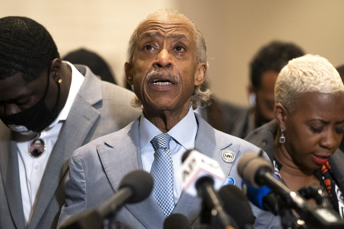 The Rev. Al Sharpton cries while speaking about George Floyd during a news conference following today's verdict on April 20, 2021, in Minneapolis, Minnesota. Former Minneapolis police officer Derek Chauvin was found guilty on all three charges he faced in Floyd's death. 