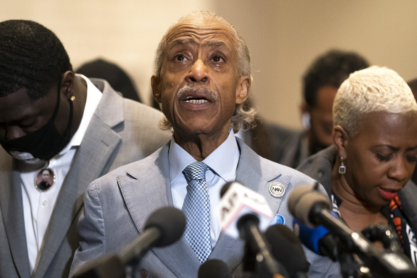 The Rev. Al Sharpton cries while speaking about George Floyd during a news conference following the verdict on April 20, 2021, in Minneapolis, Minnesota. Former Minneapolis police officer Derek Chauvin was found guilty on all three charges he faced in Floyd's death.