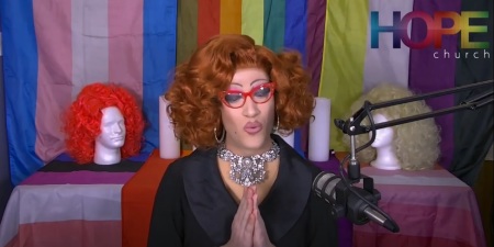 Isaac Simmons, an openly gay clergy candidate in the United Methodist Church, doing a video in April 2021 as his drag queen alter ego Ms. Penny Cost.