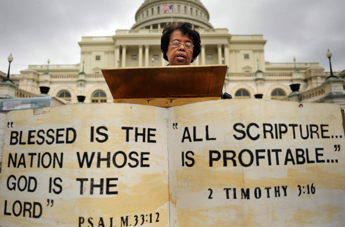 Thelma Dephas of Shiloh Baptist Church in Landover, Maryland, seen taking part in the 20th annual U.S. Capitol Bible Reading Marathon, a 90-hour front to back oral reading of the bible on May 6, 2009, on the West Front of the U.S. Capitol in Washington, D.C.