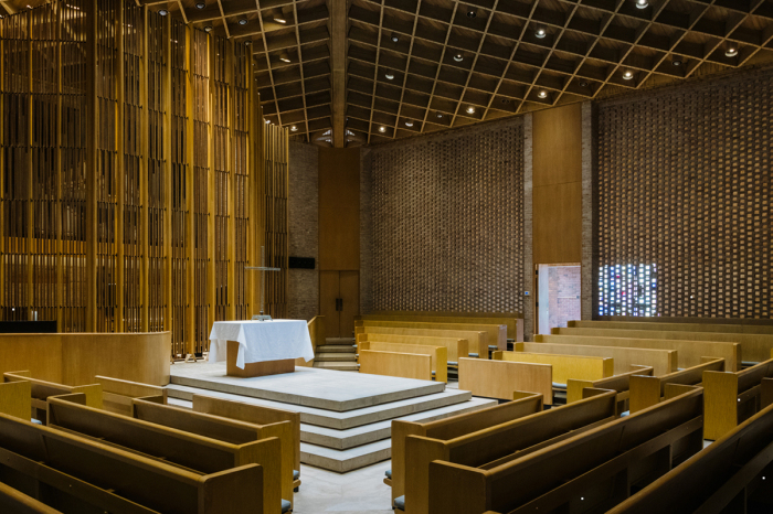 The interior of the Eero Saarinen-designed Firestone Baars Chapel at Stephens College in Columbia, Missouri. 