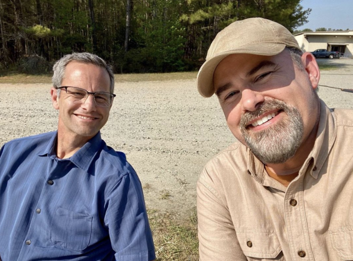 Kirk Cameron and Alex Kendrick on the set of their upcoming movie, 2021.
