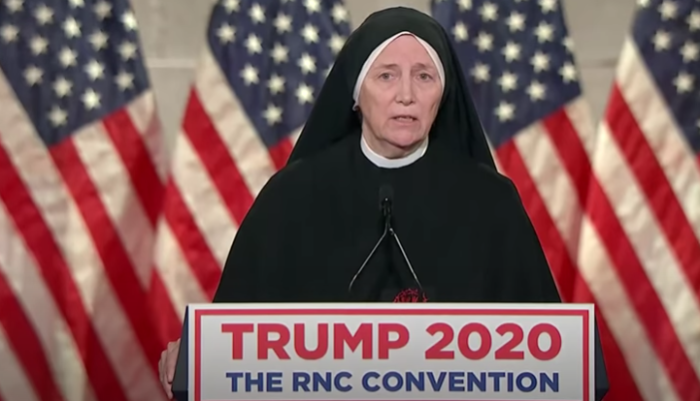 Sister Deirdre Byrne, a Catholic nun, speaks at the 2020 Republican National Convention in support of then-President Donald Trump’s pro-life policies.