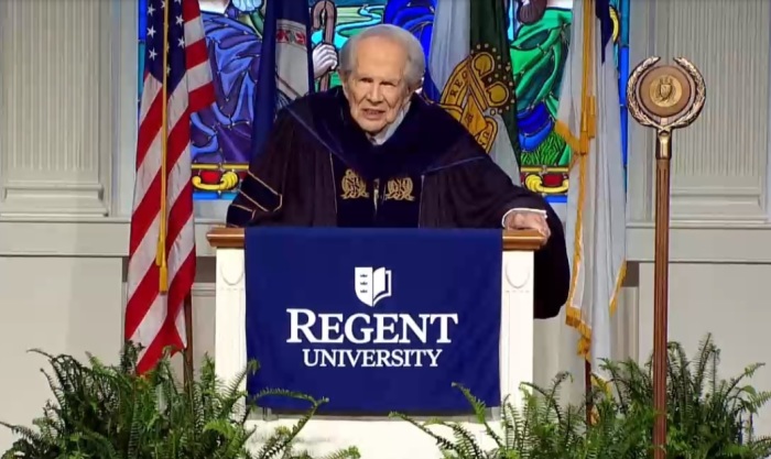 Pat Robertson, founder and chancellor of Regent University, speaks at the school's virtual graduation ceremony in Virginia Beach, Virginia, on Saturday, May 8, 2021. 