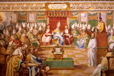 A 16th-century painting depicting the First Council of Nicaea, which took place in 325. 