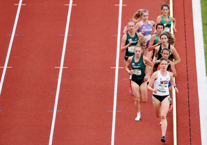 Athletes compete in the 5,000-meter final during the Oregon Relays at Hayward Field on April 23, 2021, in Eugene, Oregon.