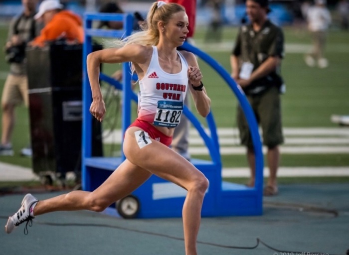Linnea Saltz, a former student of Southern Utah University, runs in a track competition. 