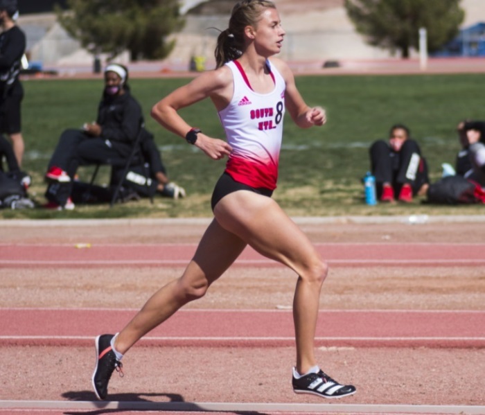 Haley Tanne, a student athlete at Southern Utah University, runs in a track competition. 