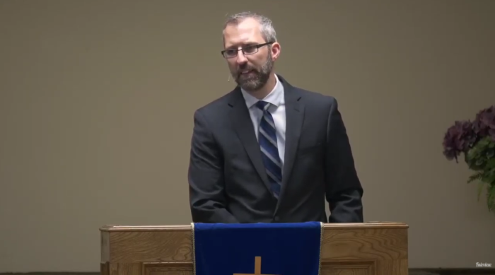 Tim Stephens, the pastor of Fairview Baptist Church in Calgary, Alberta, Canada, speaks during a sermon in June 2020. 