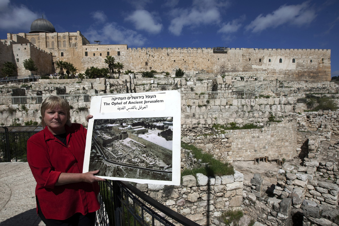 Israeli archaeologist Eilat Mazar shows an aerial view of a new excavation site outside the old city walls in Jerusalem during a press conference on February 22, 2010. A section of the ancient city wall of Jerusalem that was excavated dates back 3,000 years to the time of the Bible's King Solomon, The Hebrew University of Jerusalem said in a statement. 