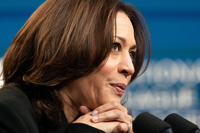 Vice President Kamala Harris delivers remarks to the National League of Cities via video conference Monday, March 8, 2021, from the South Court Auditorium of the Eisenhower Executive Office Building at the White House. 