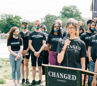 Elizabeth Woning of the CHANGED movement speaks outside the U.S. Capitol for a press conference on June 4, 2021. 