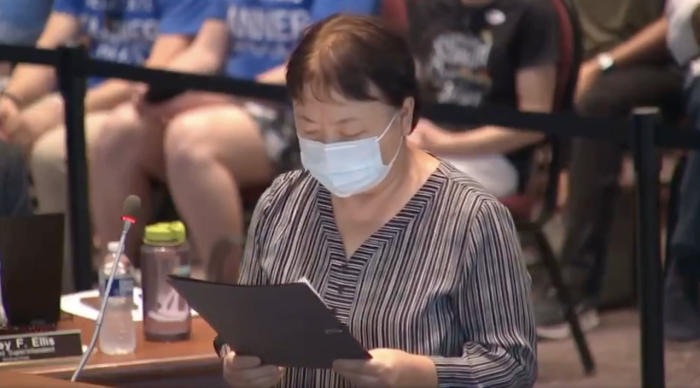 Xi Van Fleet, whose son graduated from Louden High School in Virginia, speaks about what she endured under Mao's cultural revolution in China during a speech condemning critical race theory at a school board meeting on June 8, 2021. | 