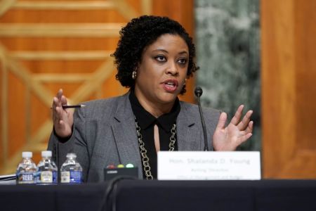Office of Management and Budget acting director Shalanda Young answers questions during a Senate Budget Committee hearing on June 8, 2021, in Washington, D.C. (Photo by Greg Nash-Pool/Getty Images)