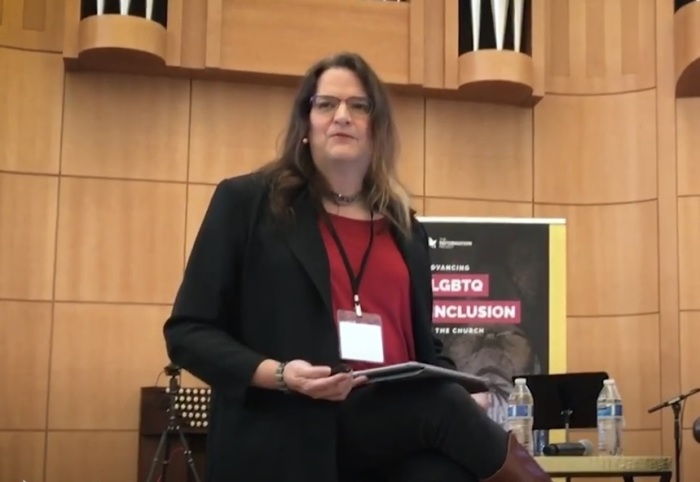 Laura Bethany Buchleiter, reportedly the first transgender individual to be ordained in the Cooperative Baptist Fellowship, gives remarks at an event in Seattle, Washington in 2019. 